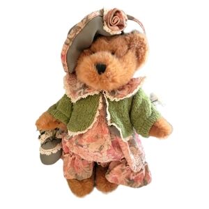 DAN DEE Bear Brocade Dress Flower Hat & Bag Chenille Sweater 15" With Stand